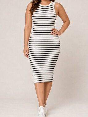 Divided Black and White Stripe Ribbed Stretch Sleeveless Mini Dress Small